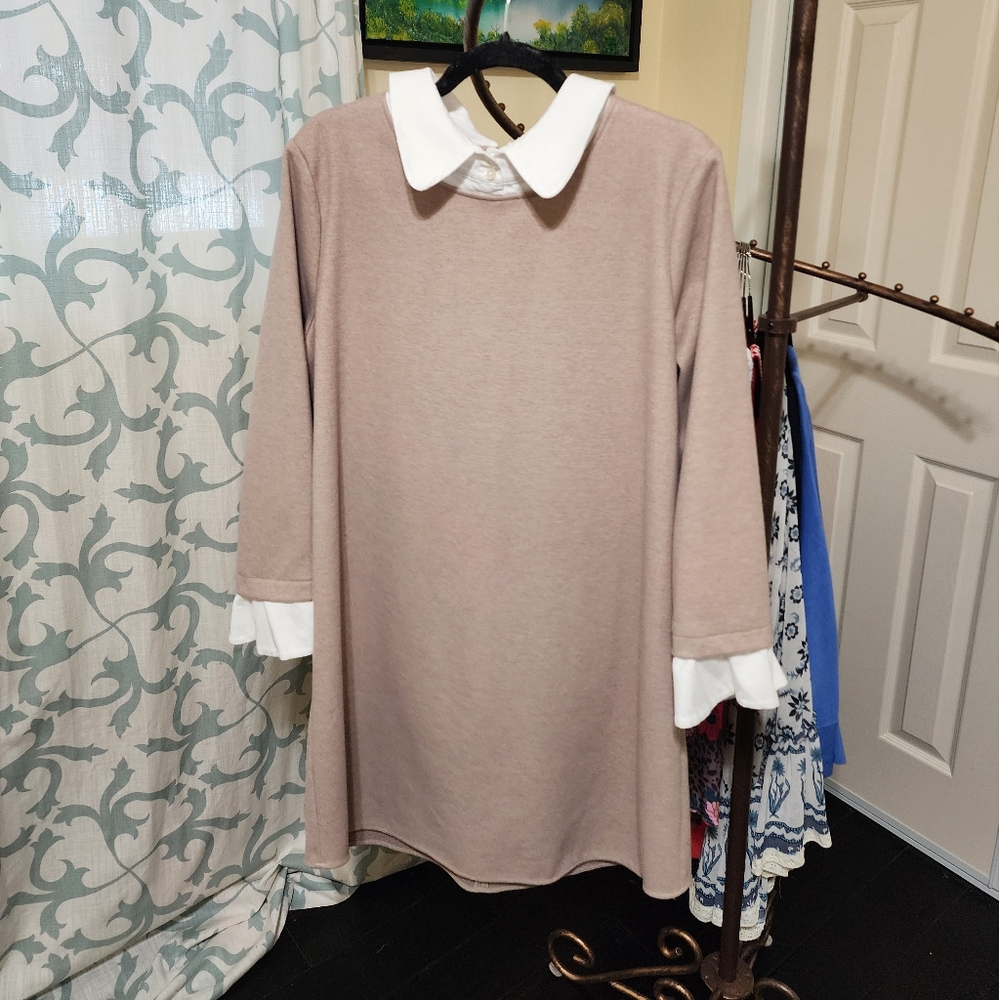 Tuckernuck Tan and White A-line Mini Dress with 3/4 Bishop Sleeves